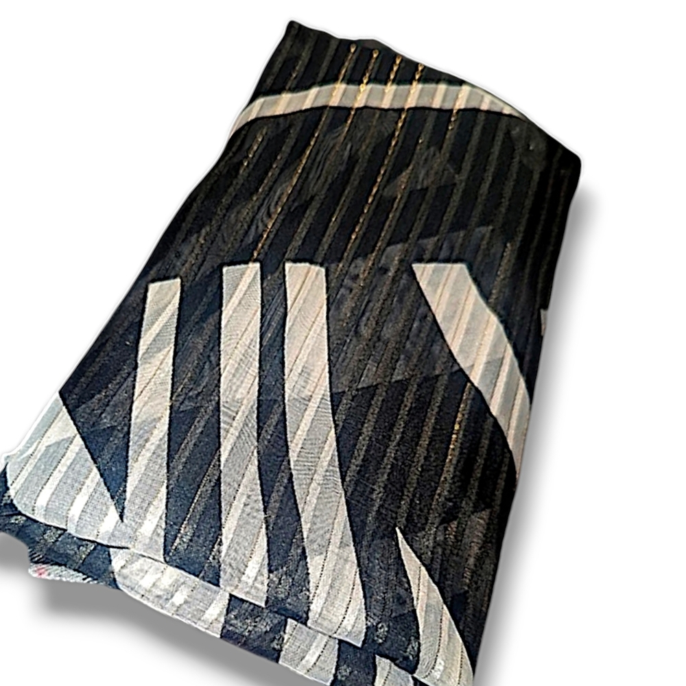 Vintage Sheer Geometric Black & White w/Gold Oblong Scarf 60" L X 13" W - Picture 3 of 4